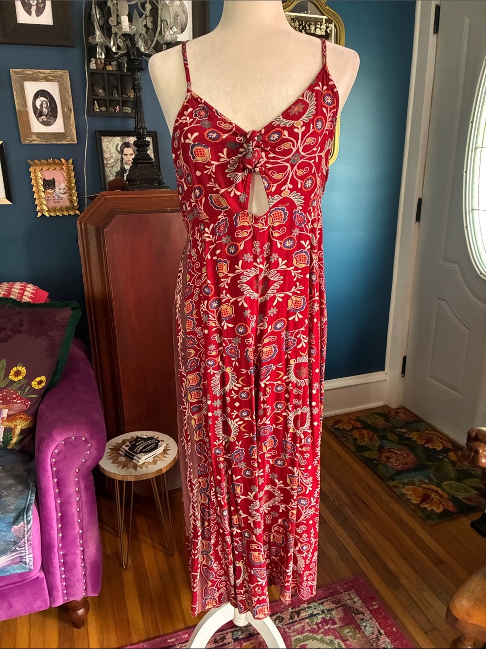 Angie Red Floral Cutout Wide Leg Jumpsuit Boho Size LARGE